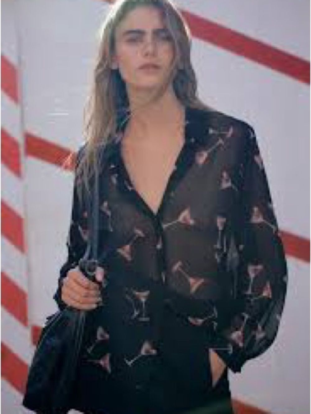 Zara Sheer Black Martini Print Button-Up Blouse